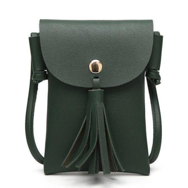 Green leather crossbody phone bag with tassel