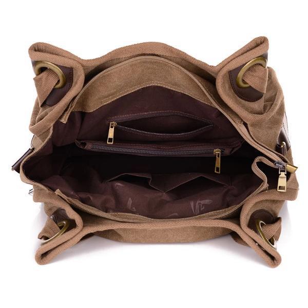 Multiple pocket brown canvas bag women