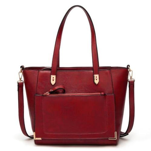 Burgundy tote bag with front zip pocket