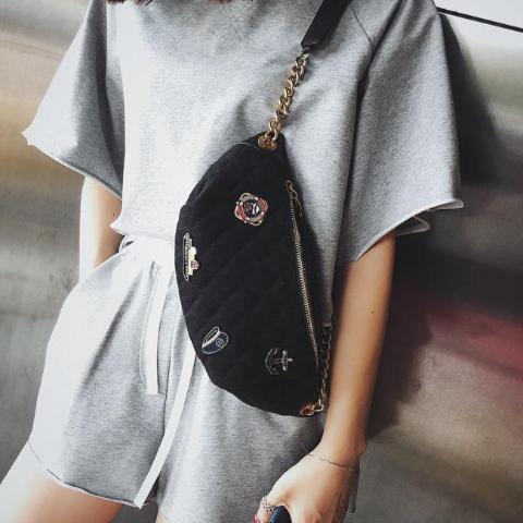 Black fanny pack with gold chain strap belt
