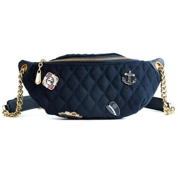 navy blue fanny pack with gold chain belt