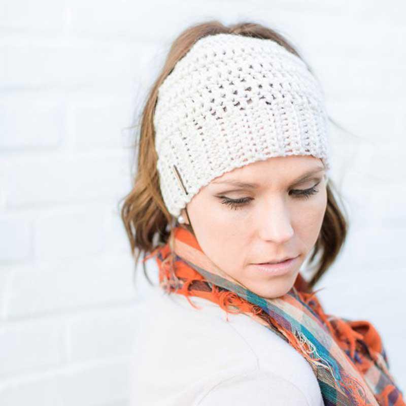 Model wearing beige Montana, Beautiful Ponytail Beanie for Women