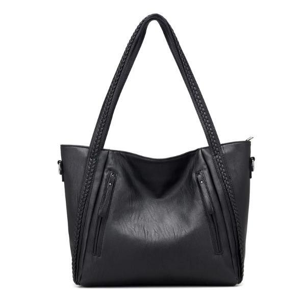 Black leather tote bag with zipper