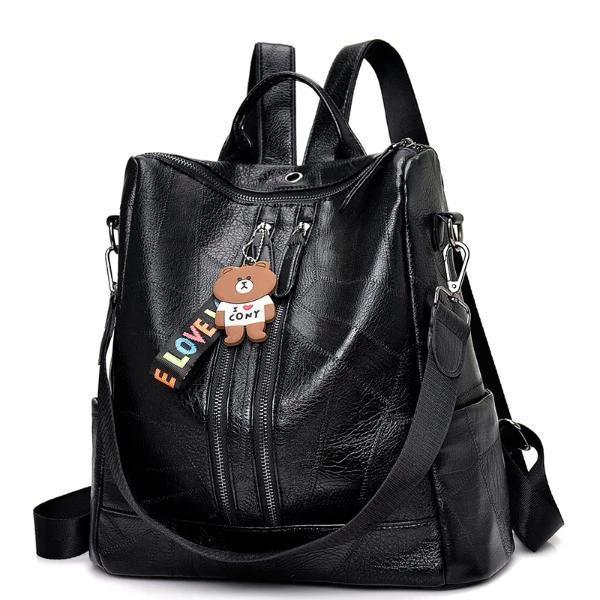 Black leather backpack purse for women
