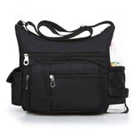 Black crossbody bag with water bottle holder