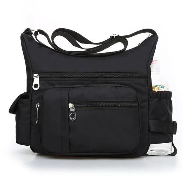 Black crossbody bag with water bottle holder