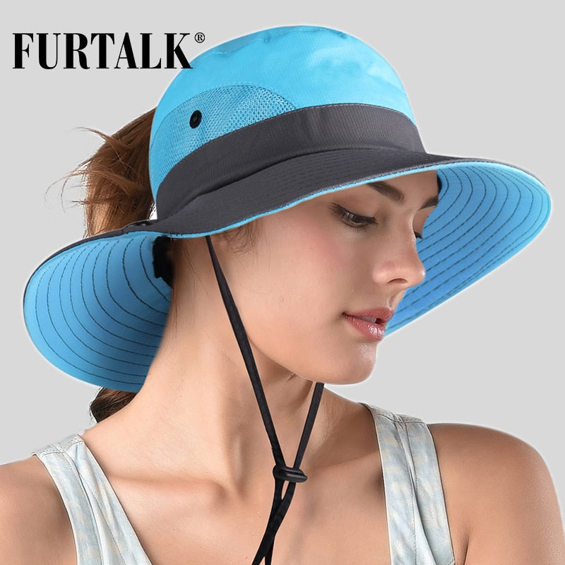 FURTALK Safari Hats for Women Summer Sun Wide Brim UV UPF Ponytail Outdoor Hunting Fishing Hiking Hat SH053