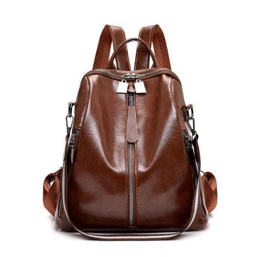 Brown vegan leather backpack purse with shoulder strap