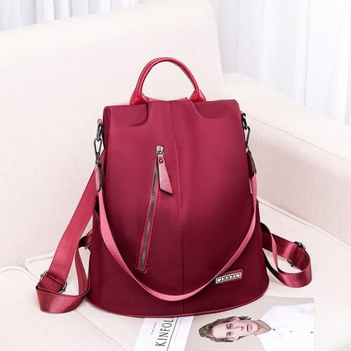 Red convertible nylon backpack purse anti theft