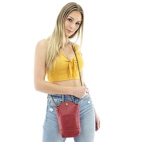 Small leather bucket crossbody bag, Black, Green, Orange, Red
