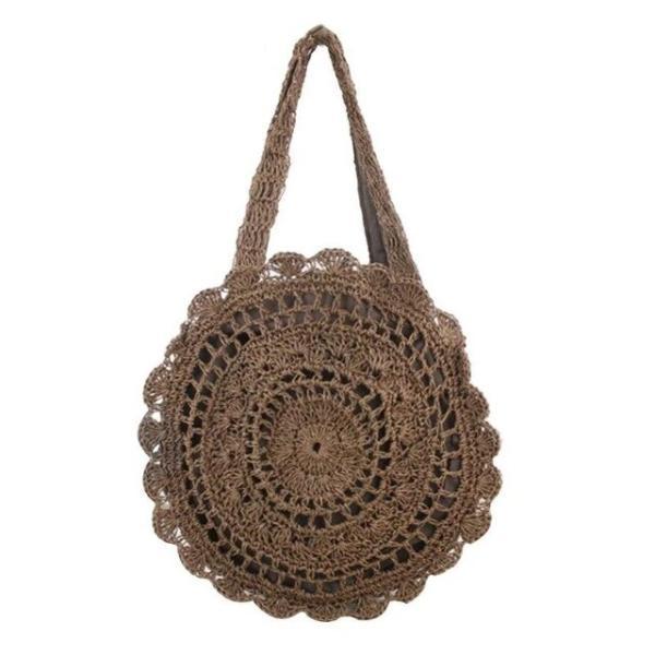 Brown tote round beach straw bag