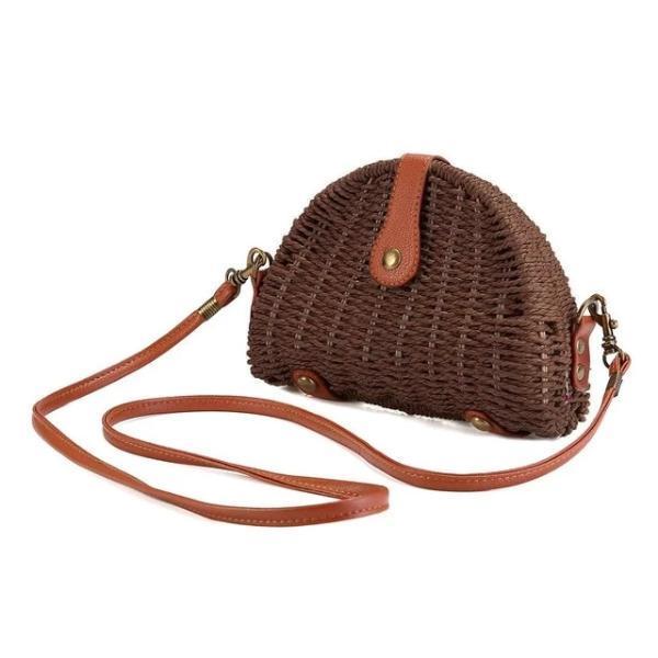 Coffe straw crossbody bag with leather crossbody strap