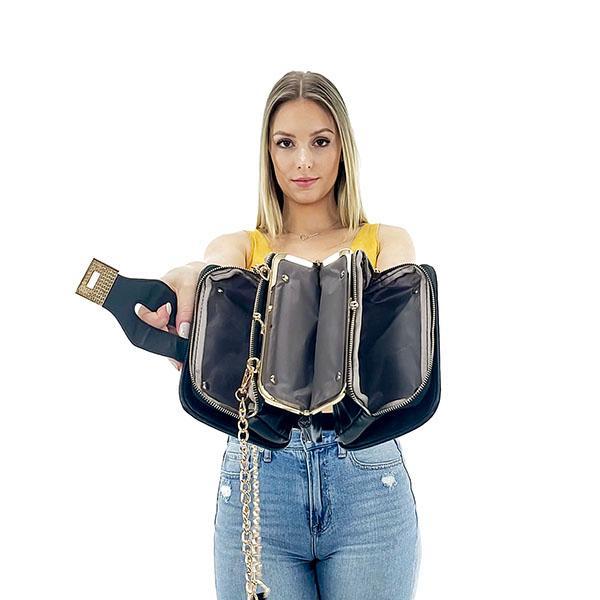 triple compartment handbag with chain strap